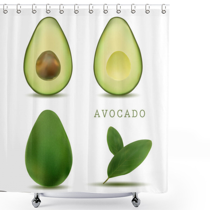 Personality  Realistic Vector Avocados Illustration. Whole And Cut Avocado Isolated On White Background. Bright Vector Set Of Colorful Half, Slice And Whole Of Fresh Avocado. Shower Curtains