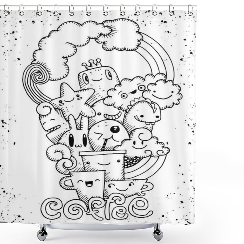 Personality  Hand Drawn Coffee ,cartoon Monster And Coffee Cup ,Doodle,Vector Shower Curtains