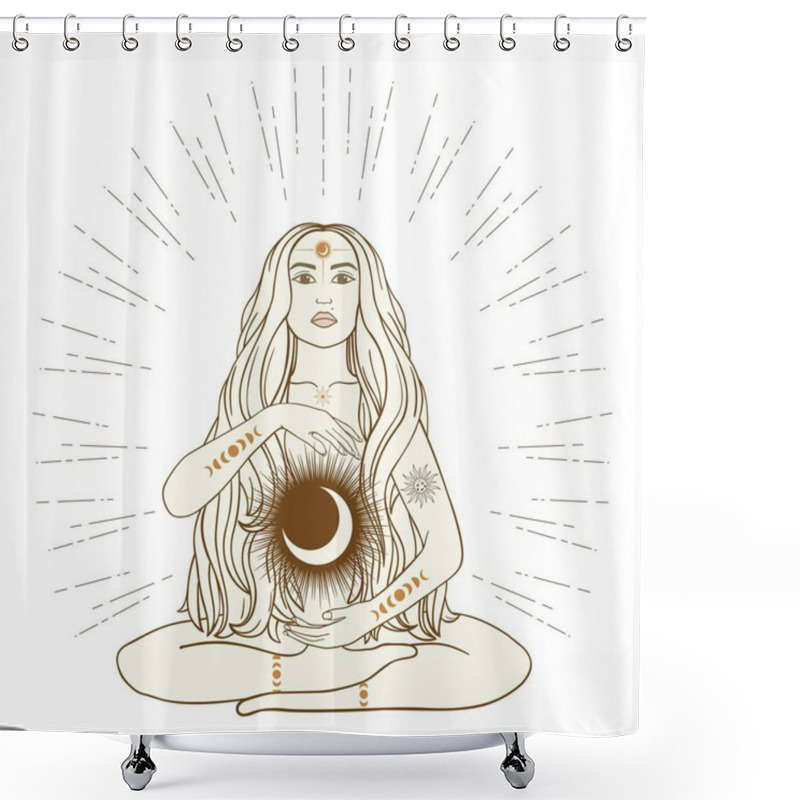 Personality  Hand Drawn Mystical Woman With Sun, Moon, Star In Line Art. Spiritual Abstract Silhouette Young Woman. Magic Profile, Esoteric Talisman. Vector Illustration Isolated On White Background Shower Curtains