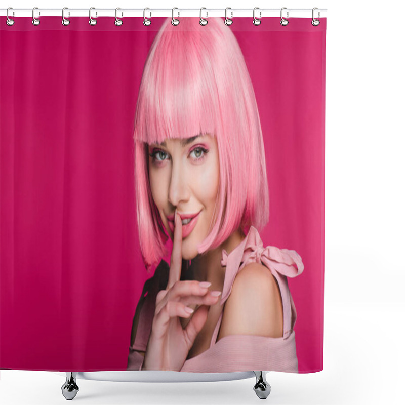 Personality  Sensual Fashionable Girl In Pink Wig Showing Hush Sign, Isolated On Pink Shower Curtains