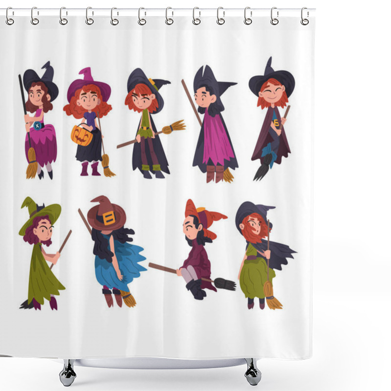 Personality  Cute Little Witches Collection, Girls Wearing Dress And Hat With Brooms, Halloween Cartoon Characters Vector Illustration Shower Curtains