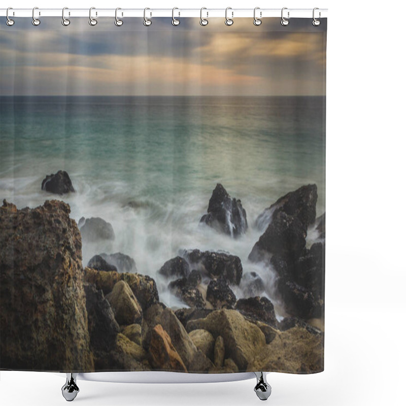 Personality  Dramatic Sky At Sunset Along Point Dume State Beach With Waves Crashing Into Rock Formations Along The Beach, Malibu, California Shower Curtains