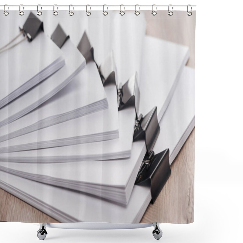 Personality  Arranged Stacks Of Blank Paper With Metal Binder Clips On Wooden Desk Shower Curtains