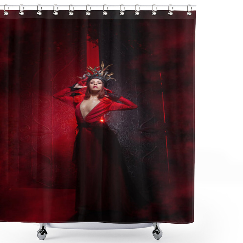 Personality  Beautiful Fashion Witch Woman With Horns In The Form Of Tree Roots In A Long Luxurious Dress On The Background Of A Huge Gate With Red Smoke. Halloween Concept Shower Curtains