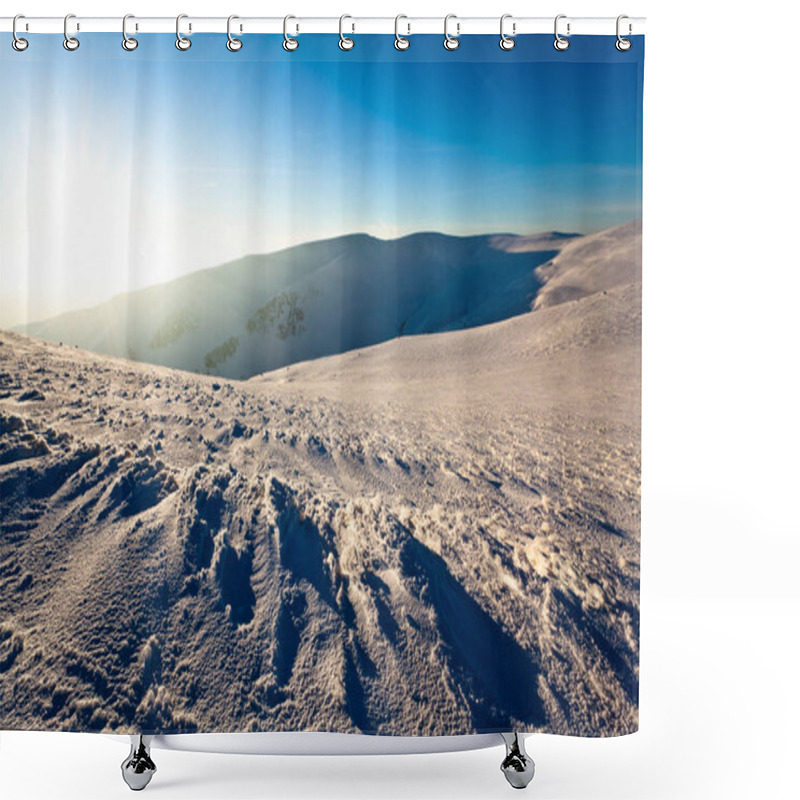 Personality  Panoramic Sunset View Of Winter Mountain Hills Covered With Snow Shower Curtains