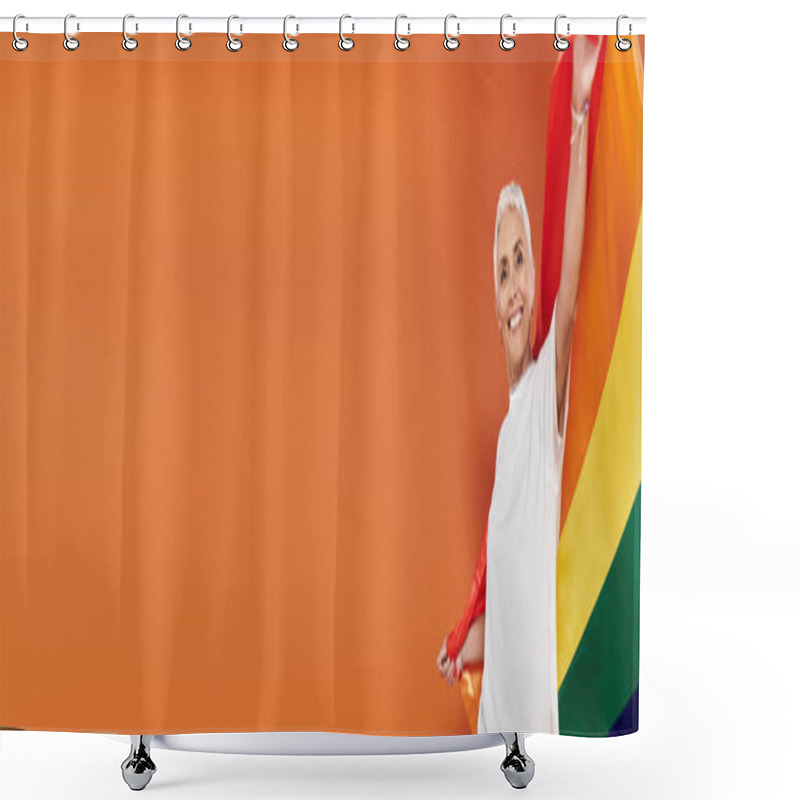 Personality  Mature Woman Proudly Waves A Rainbow Flag, Radiating Happiness And Confidence. Shower Curtains