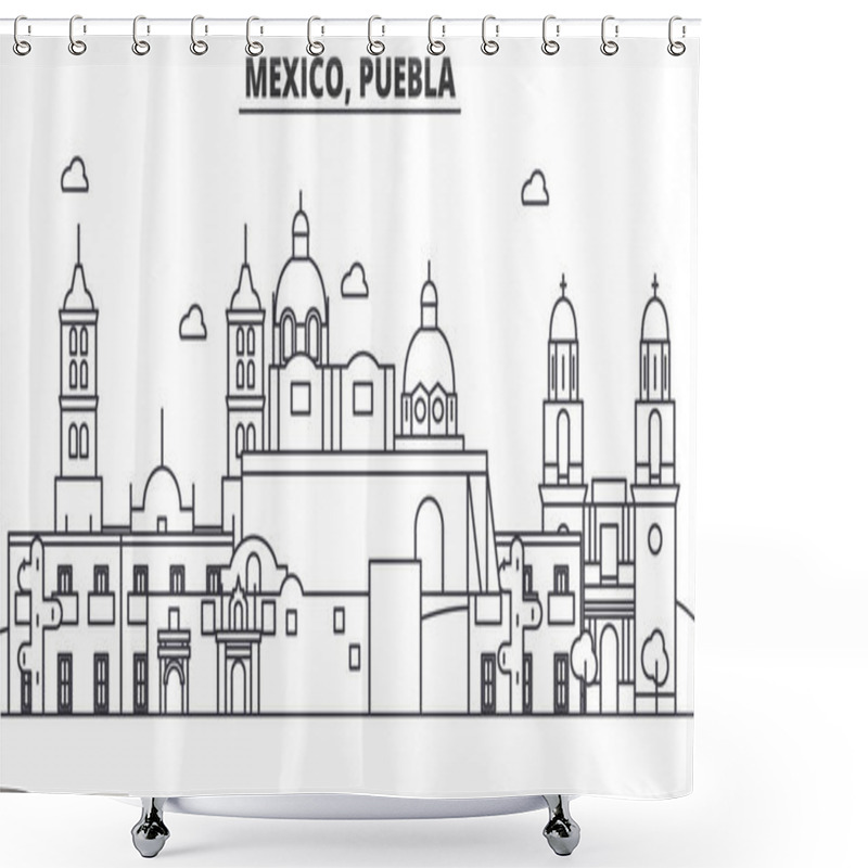 Personality  Mexico, Puebla Architecture Line Skyline Illustration. Linear Vector Cityscape With Famous Landmarks, City Sights, Design Icons. Landscape Wtih Editable Strokes Shower Curtains