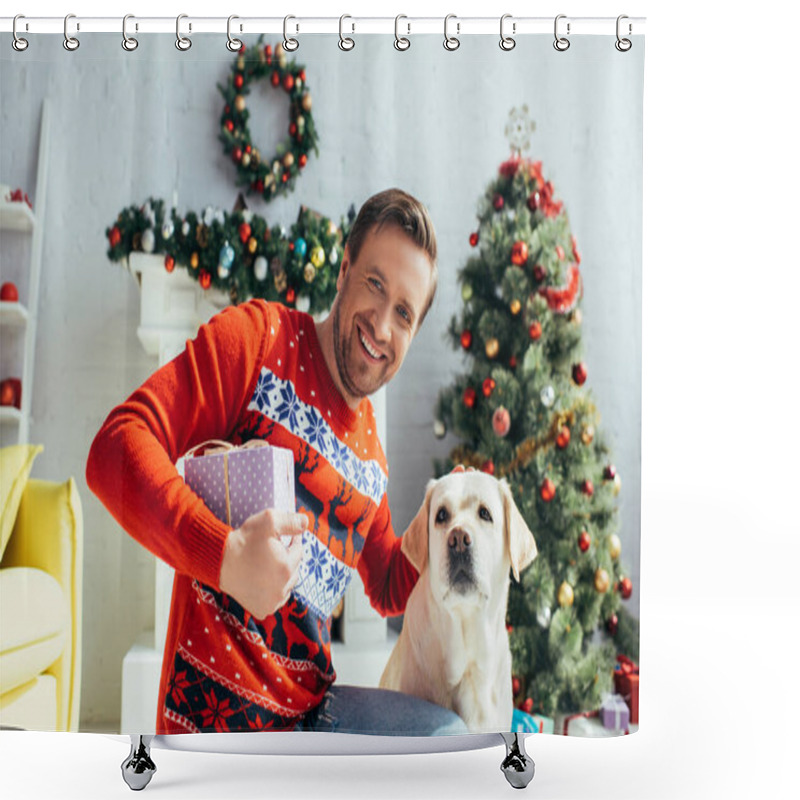 Personality  Joyful Man In Sweater Cuddling Labrador And Holding Present Near Decorated Christmas Tree  Shower Curtains