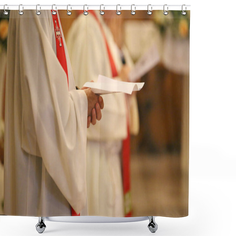 Personality  Young Priest With A Cassock And Hands Joined In Prayer During Holy Mass Shower Curtains