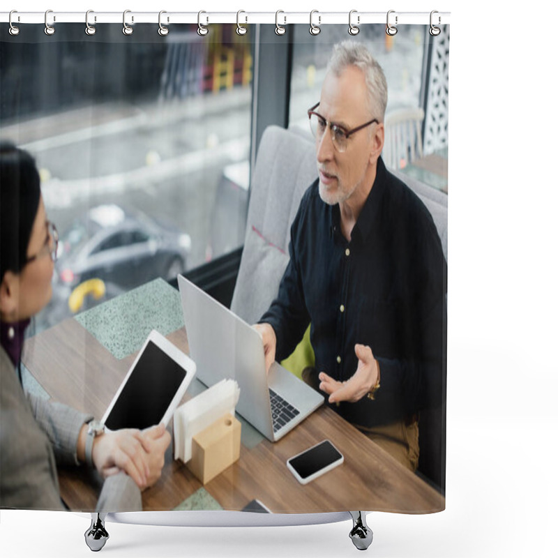 Personality  Selective Focus Of Businessman Talking With Businesswoman In Cafe  Shower Curtains