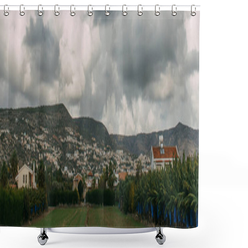 Personality  Panoramic Shot Of Green Trees Near Houses In Mountains  Shower Curtains