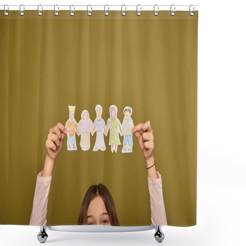 Personality  Cropped View Of Preteen Girl Holding Hand-drawn Paper Characters Above Head And Looking At Camera During Child Protection Day Celebration On Khaki Background Shower Curtains