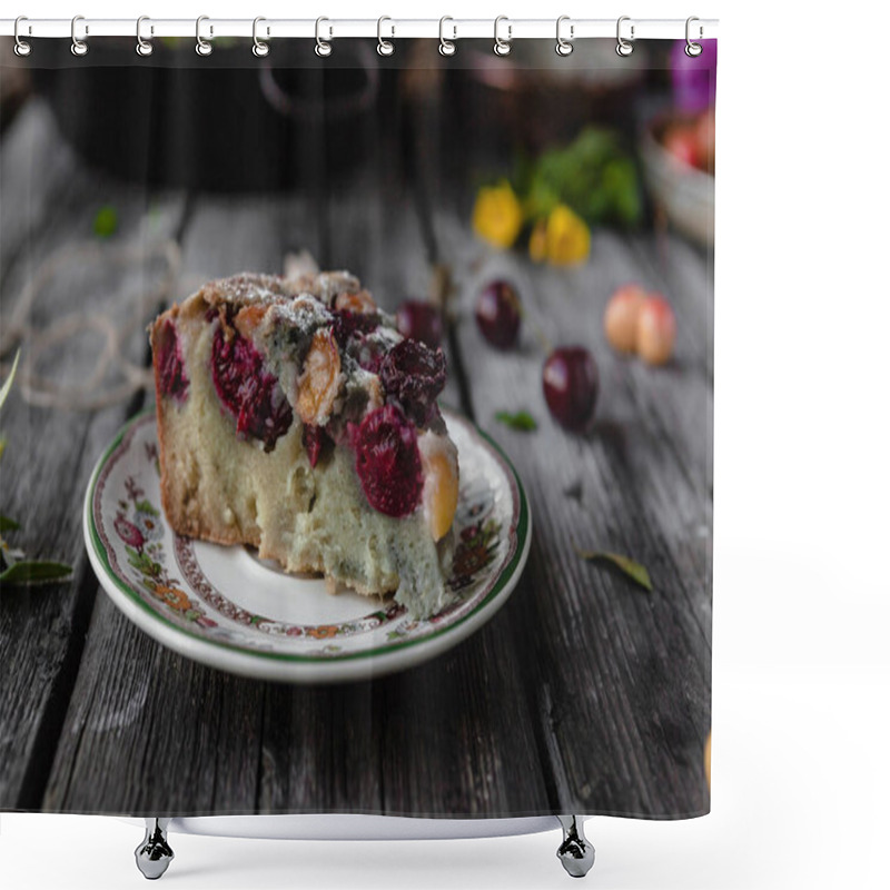 Personality  Piece Of Tasty Cake With Berries And Fruits On Plate On Table Shower Curtains