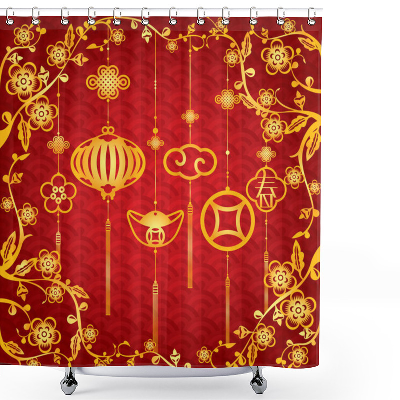 Personality  Chinese New Year Background With Golden Decoration Shower Curtains