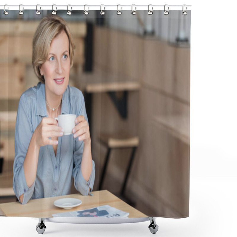 Personality  Woman Drinking Coffee At Cafe Shower Curtains