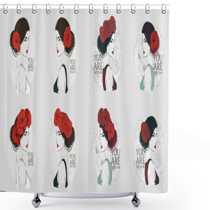 Personality  Portrait Of Young Beautiful Woman With Red Rose In Hair. Vector Hand Drawn Illustration. Shower Curtains