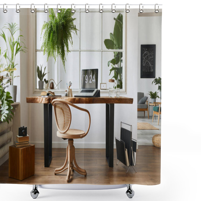 Personality  Interior Design Of Home Office Space With Stylish Wooden Desk, Beautiful Chair, Laptop, Platns, Book And Elegant Personal Accesories In Cozy Home Decor. Shower Curtains