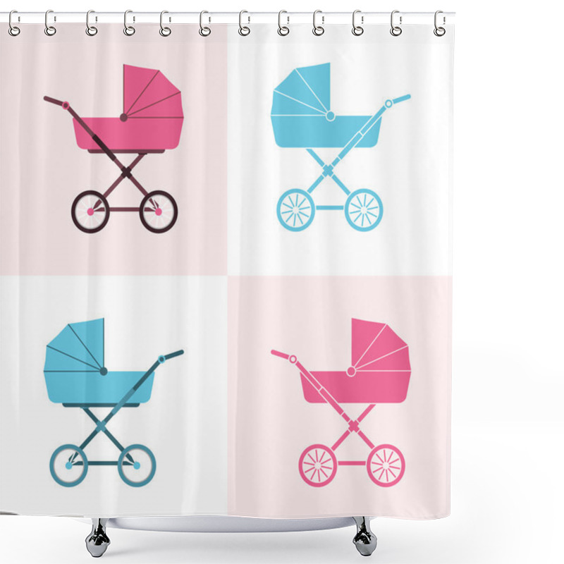 Personality  Baby Carriage. Pram Icon. Vector Illustration. A Set Of Baby Car Shower Curtains