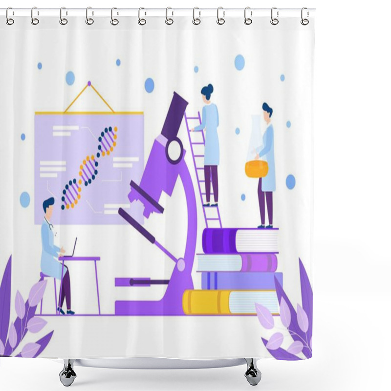 Personality  Scientific Laboratory, Doctors Conducting Experiments With Microscope Vector Illustration. Shower Curtains