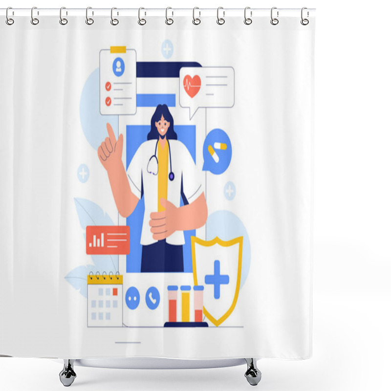 Personality  Remote Health Monitoring Vector Illustration Featuring The Use Of Digital Technology To Track Medical And Health Data In A Fat Style Background Shower Curtains