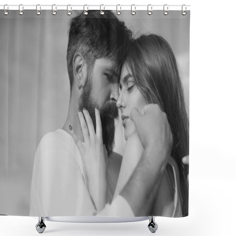 Personality  Intimacy And Tenderness In Love. Intimate Moments For Happy Lovers. Young Lovers Couple. Happy Couple In Love Having Fun. Sensual Kiss. Sensual Couple Getting Closer To Feel Each Others Lips Shower Curtains