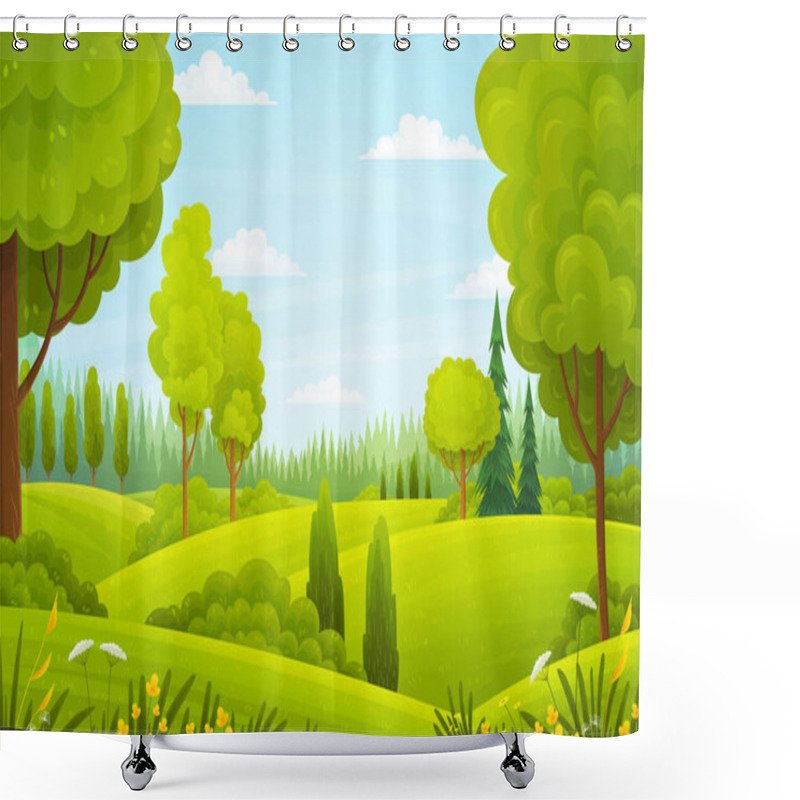 Personality  Background Of Italian Countryside. Nature Hills Fields Blue Sky Clouds And Sun Countryside Shower Curtains