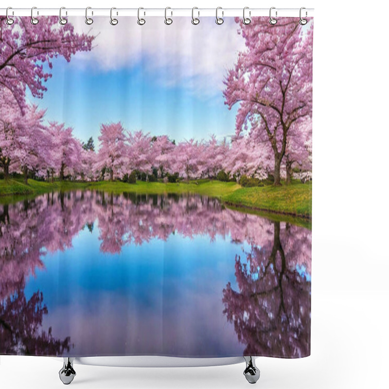 Personality  A Field Of Cherry Blossoms Extending Into The Horizon, Their Delicate Branches Stretching Towards A Pale Pink And Blue Sky. A Pond Sits At The Center, Its Mirror-like Surface Dotted With Fallen Petals Shower Curtains