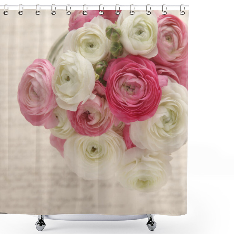 Personality  Pink And White Ranunculus With Script Shower Curtains