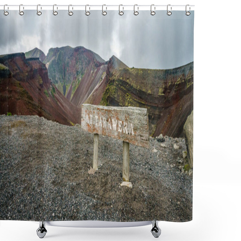 Personality  Sign At Red Volcanic Crater Of Mount Tarawera,new Zealand Shower Curtains