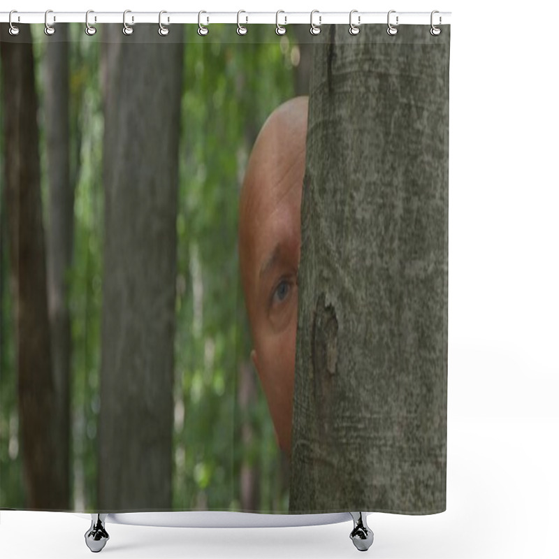 Personality  Terrified Man Is Hiding After A Tree In The Forest Shower Curtains