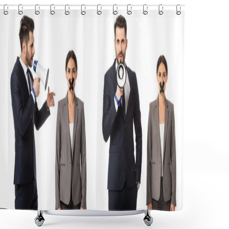 Personality  Collage Of Bearded Businessman In Suit Screaming In Megaphone Near Businesswoman With Scotch Tape On Mouth Isolated On White  Shower Curtains