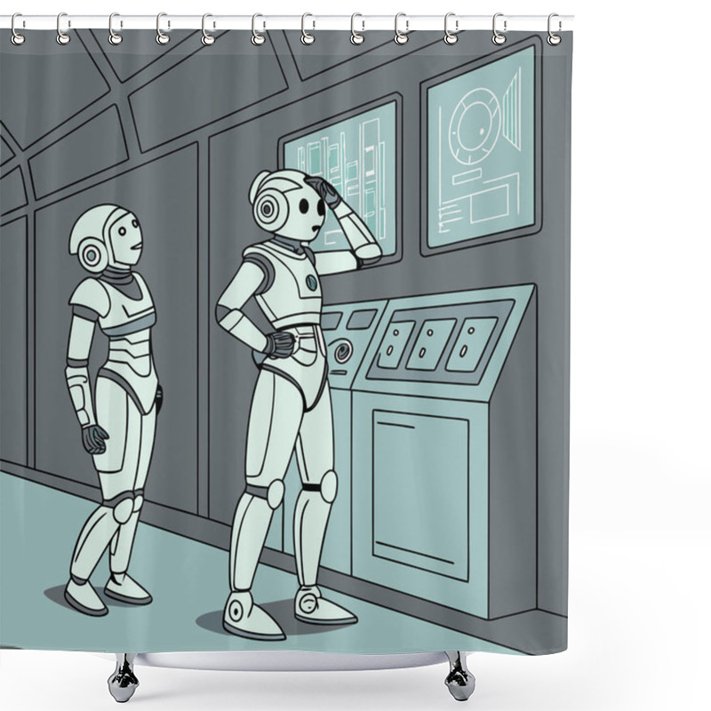 Personality  Minimalist Silhouettes Of Humanoid Robots, Representing Advanced AI Technology, Futuristic Innovation, And The Evolving Role Of Robotics In Human Life. Perfect For Sci-fi Projects, Tech Branding, And AI-themed Visuals. Shower Curtains