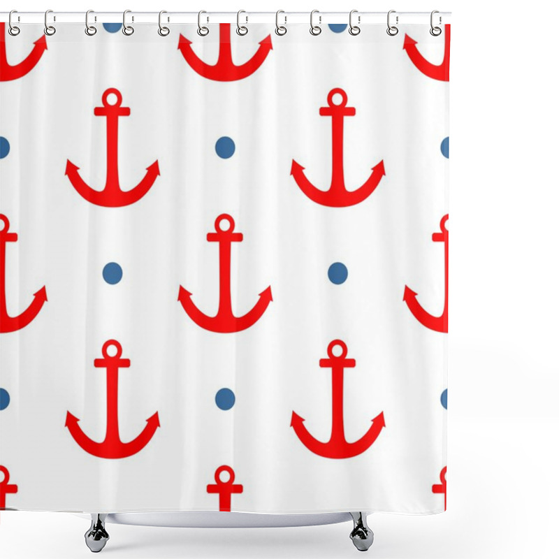 Personality  Tile Sailor Vector Pattern With Blue Polka Dots And Red Anchor On White Background Shower Curtains