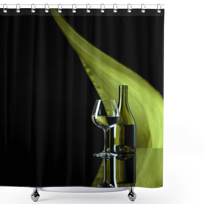 Personality  Wineglass And Bottle Of White Wine On A Black Reflective Backgro Shower Curtains