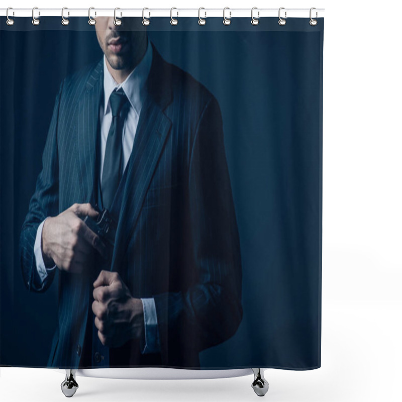 Personality  Cropped View Of Gangster Hiding Weapon In Suit On Dark Blue Background Shower Curtains