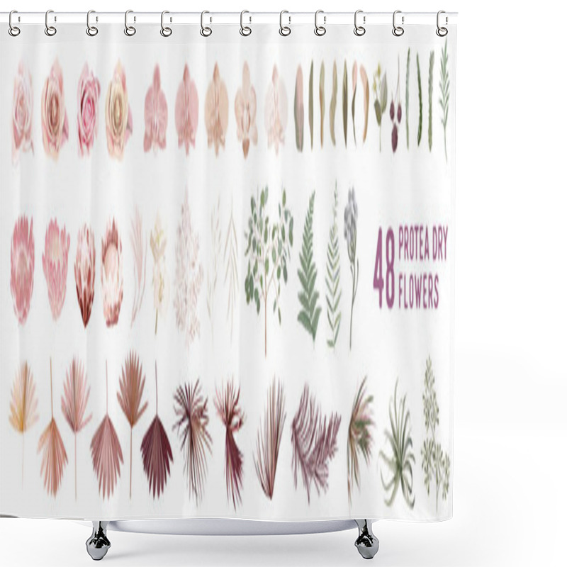 Personality  Dried Pampas Grass, Rose, Protea, Orchid Flowers, Tropical Palm Leaves Vector Bouquets Shower Curtains