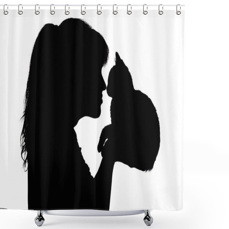 Personality  Silhouette Of A Beautiful Woman That Nose To Nose With A Small Kitten In Her Arms, The Concept Of Caring For Animals, Favorite Pets Shower Curtains