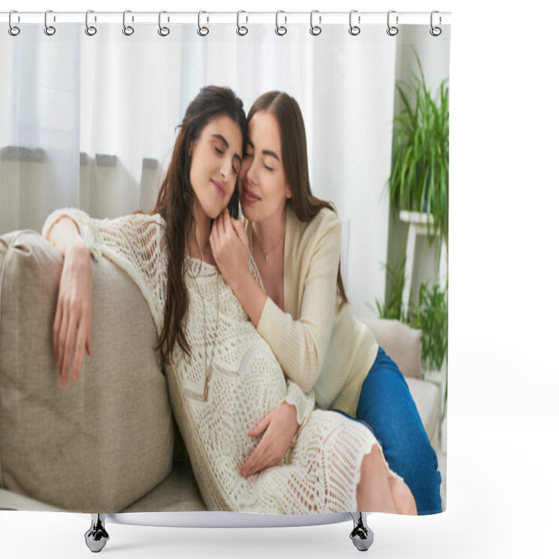 Personality  Happy Lesbian Couple Hugging On Sofa With Closed Eyes, Hand To Cheek, In Vitro Fertilisation Concept Shower Curtains