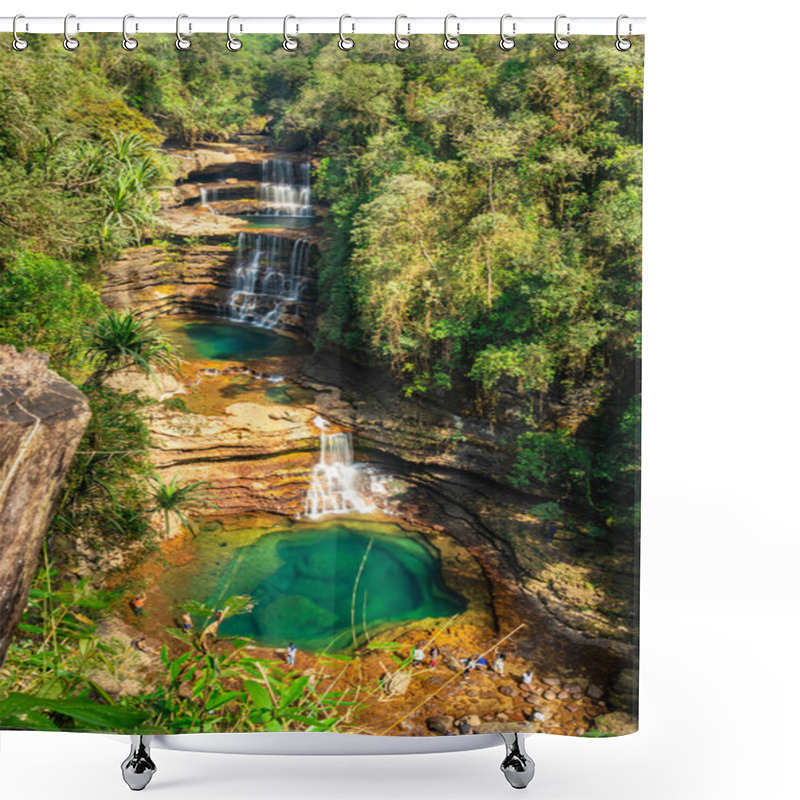 Personality  Three Layered Waterfall Falling From Mountain Top In Deep Green Forests At Morning From Top Angle Image Is Taken At Wei Sawdong Falls Cherrapunji Sohra District Meghalaya India. Shower Curtains