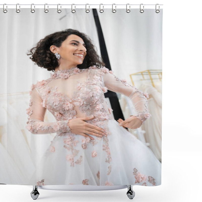 Personality  Enchanting Middle Eastern And Brunette Woman With Wavy Hair Standing In Stunning And Floral Wedding Dress And Looking Away Inside Of Luxurious Salon Around White Tulle Fabrics, Bridal Shopping  Shower Curtains