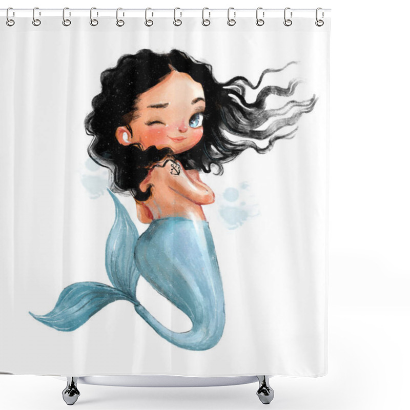 Personality  Cute Cartoon Little Mermaid With Black Hairs Shower Curtains