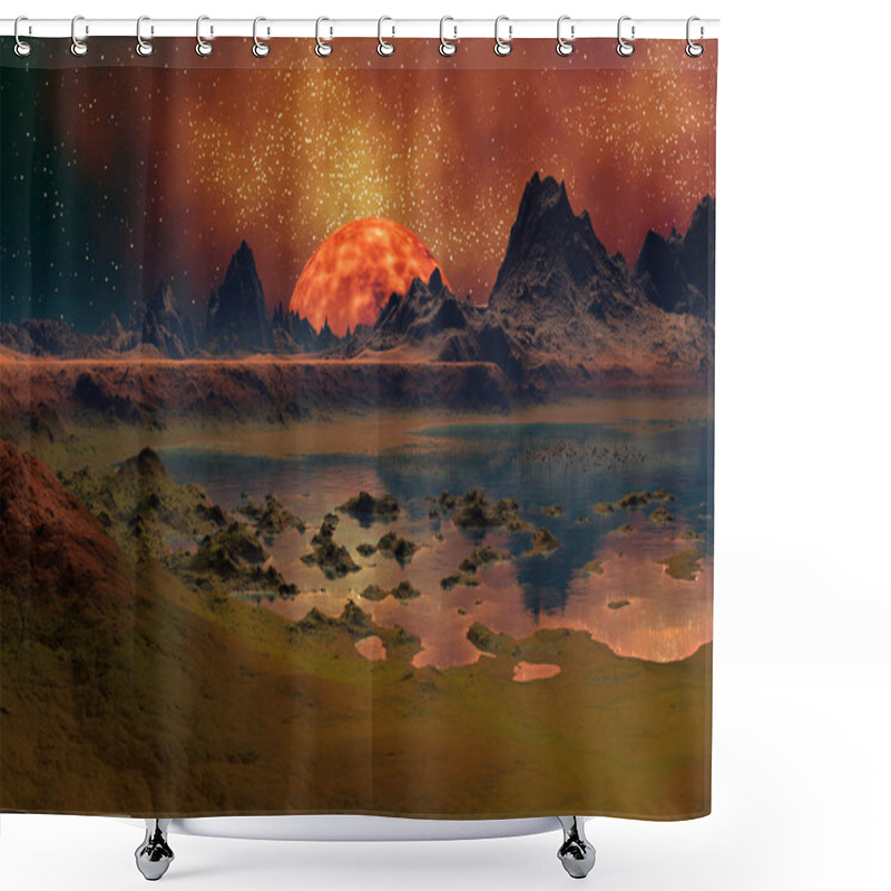 Personality  3D Rendered Fantasy Alien Planet Near A Sun - 3D Illustration Shower Curtains