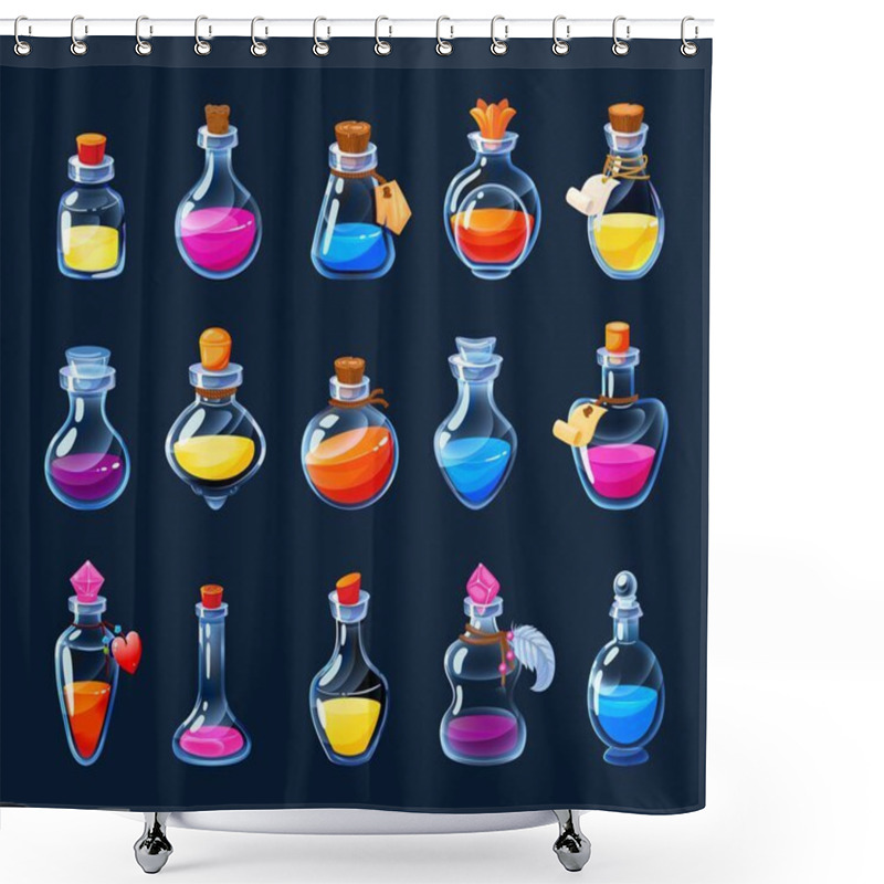 Personality  Cartoon Alchemy Bottles. Magic Potion And Love Elixir Game UI Icons Asset, Colorful Poison And Antidote In Various Flasks And Phials. Vector GUI Alchemist Potions Set. Chemical Liquid Or Healing Drink Shower Curtains