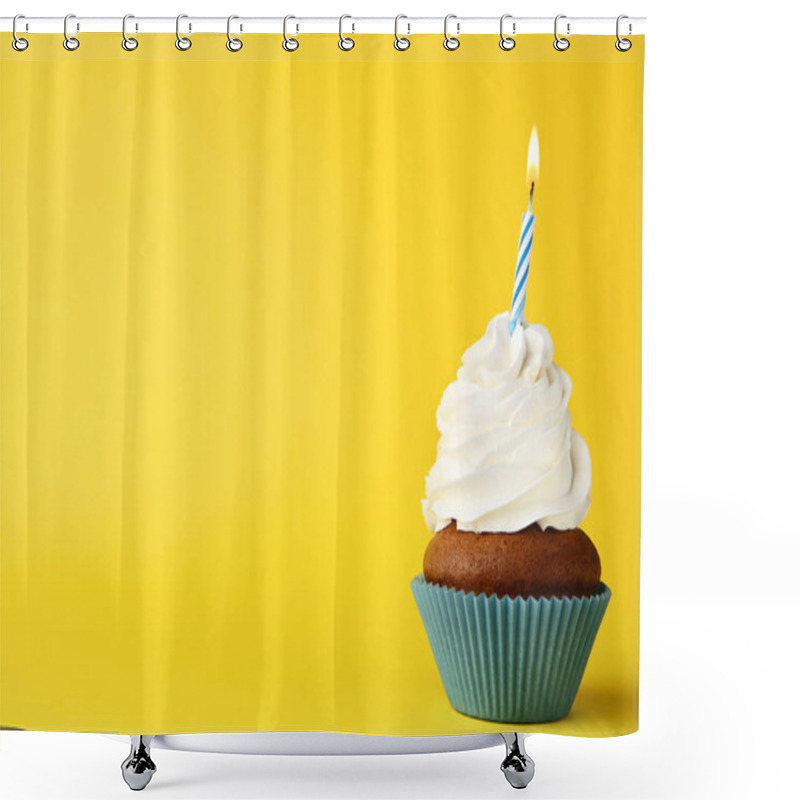 Personality  Tasty Cupcake With Candle On Yellow Background Shower Curtains