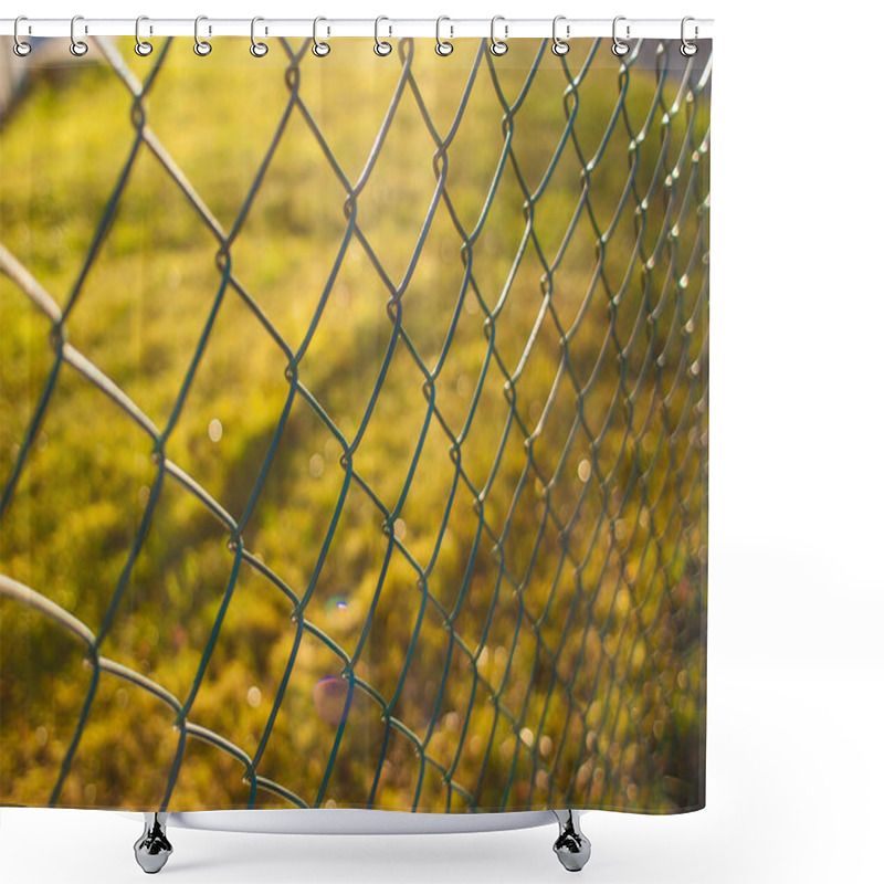 Personality  A Chain Link Fence In Front Of A Grass Lawn. Shower Curtains