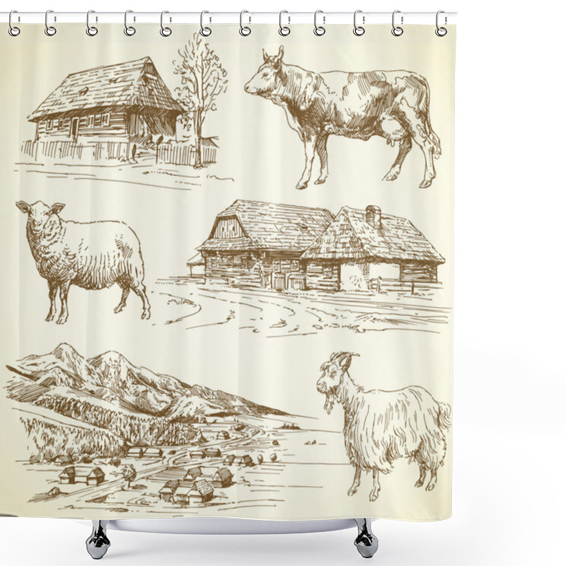 Personality  Rural Landscape, Village, Farm Animals Shower Curtains