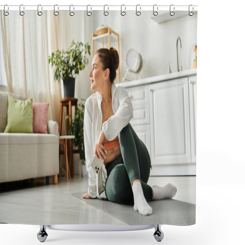 Personality  Middle-aged Woman Practicing Yoga In Cozy Living Room. Shower Curtains