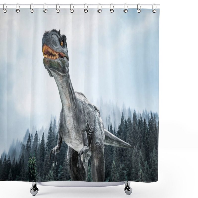 Personality  Dinosaur On The Background Of A Gloomy Forest. Shower Curtains