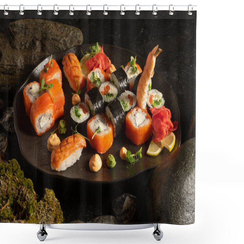 Personality  A Set Of Sushi On A Beautiful Black Plate. Japanese Dish. Sushi Rolls With Chuka Salad And Salmon, Philadelphia Maki With Cream Cheese, Sashimi, Shrimp, Ginger, Wasabi And Peanut Sauce. Shower Curtains