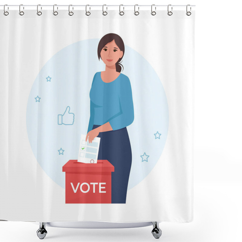 Personality  Woman Puts The Ballot In The Box. Election, Vote Concept. Vector Illustration In Flat Style Shower Curtains